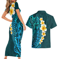 Turquosie Polynesia Couples Matching Short Sleeve Bodycon Dress and Hawaiian Shirt Plumeria Tropical Leaves With Galaxy Polynesian Art - Wonder Print Shop