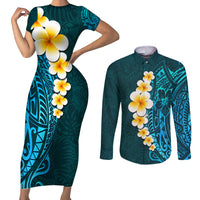 Turquosie Polynesia Couples Matching Short Sleeve Bodycon Dress and Long Sleeve Button Shirt Plumeria Tropical Leaves With Galaxy Polynesian Art - Wonder Print Shop