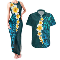 Turquosie Polynesia Couples Matching Tank Maxi Dress and Hawaiian Shirt Plumeria Tropical Leaves With Galaxy Polynesian Art - Wonder Print Shop