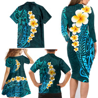 Turquosie Polynesia Family Matching Long Sleeve Bodycon Dress and Hawaiian Shirt Plumeria Tropical Leaves With Galaxy Polynesian Art - Wonder Print Shop