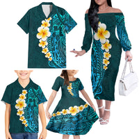Turquosie Polynesia Family Matching Off Shoulder Long Sleeve Dress and Hawaiian Shirt Plumeria Tropical Leaves With Galaxy Polynesian Art - Wonder Print Shop
