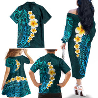 Turquosie Polynesia Family Matching Off Shoulder Long Sleeve Dress and Hawaiian Shirt Plumeria Tropical Leaves With Galaxy Polynesian Art - Wonder Print Shop