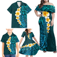 Turquosie Polynesia Family Matching Off Shoulder Maxi Dress and Hawaiian Shirt Plumeria Tropical Leaves With Galaxy Polynesian Art - Wonder Print Shop