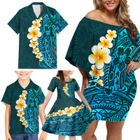Turquosie Polynesia Family Matching Off Shoulder Short Dress and Hawaiian Shirt Plumeria Tropical Leaves With Galaxy Polynesian Art - Wonder Print Shop
