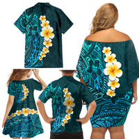 Turquosie Polynesia Family Matching Off Shoulder Short Dress and Hawaiian Shirt Plumeria Tropical Leaves With Galaxy Polynesian Art - Wonder Print Shop