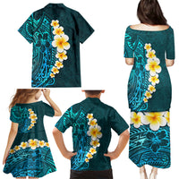 Turquosie Polynesia Family Matching Puletasi Dress and Hawaiian Shirt Plumeria Tropical Leaves With Galaxy Polynesian Art - Wonder Print Shop