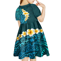 Turquosie Polynesia Kid Short Sleeve Dress Plumeria Tropical Leaves With Galaxy Polynesian Art - Wonder Print Shop