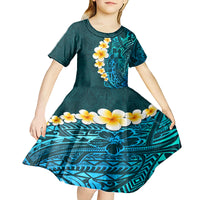 Turquosie Polynesia Kid Short Sleeve Dress Plumeria Tropical Leaves With Galaxy Polynesian Art - Wonder Print Shop