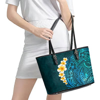 Turquosie Polynesia Leather Tote Bag Plumeria Tropical Leaves With Galaxy Polynesian Art - Wonder Print Shop