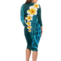 Turquosie Polynesia Long Sleeve Bodycon Dress Plumeria Tropical Leaves With Galaxy Polynesian Art - Wonder Print Shop