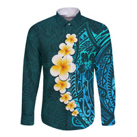 Turquosie Polynesia Long Sleeve Button Shirt Plumeria Tropical Leaves With Galaxy Polynesian Art - Wonder Print Shop