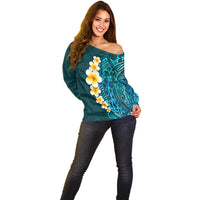 Turquosie Polynesia Off Shoulder Sweater Plumeria Tropical Leaves With Galaxy Polynesian Art - Wonder Print Shop