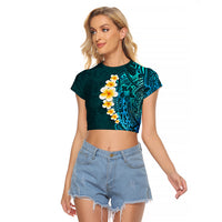 Turquosie Polynesia Raglan Cropped T Shirt Plumeria Tropical Leaves With Galaxy Polynesian Art - Wonder Print Shop