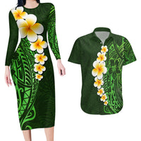 Green Polynesia Couples Matching Long Sleeve Bodycon Dress and Hawaiian Shirt Plumeria Tropical Leaves With Galaxy Polynesian Art - Wonder Print Shop
