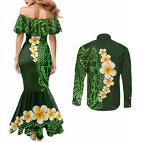 green-polynesia-couples-matching-mermaid-dress-and-long-sleeve-button-shirt-plumeria-tropical-leaves-with-galaxy-polynesian-art