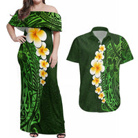 Green Polynesia Couples Matching Off Shoulder Maxi Dress and Hawaiian Shirt Plumeria Tropical Leaves With Galaxy Polynesian Art - Wonder Print Shop