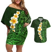 Green Polynesia Couples Matching Off Shoulder Short Dress and Hawaiian Shirt Plumeria Tropical Leaves With Galaxy Polynesian Art - Wonder Print Shop