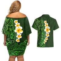 Green Polynesia Couples Matching Off Shoulder Short Dress and Hawaiian Shirt Plumeria Tropical Leaves With Galaxy Polynesian Art - Wonder Print Shop