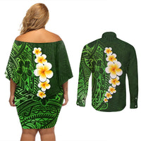 Green Polynesia Couples Matching Off Shoulder Short Dress and Long Sleeve Button Shirt Plumeria Tropical Leaves With Galaxy Polynesian Art - Wonder Print Shop