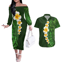 Green Polynesia Couples Matching Off The Shoulder Long Sleeve Dress and Hawaiian Shirt Plumeria Tropical Leaves With Galaxy Polynesian Art - Wonder Print Shop