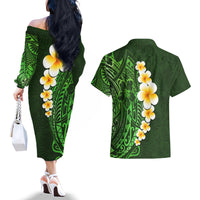 Green Polynesia Couples Matching Off The Shoulder Long Sleeve Dress and Hawaiian Shirt Plumeria Tropical Leaves With Galaxy Polynesian Art - Wonder Print Shop