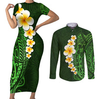 Green Polynesia Couples Matching Short Sleeve Bodycon Dress and Long Sleeve Button Shirt Plumeria Tropical Leaves With Galaxy Polynesian Art - Wonder Print Shop