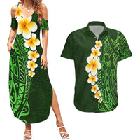 Green Polynesia Couples Matching Summer Maxi Dress and Hawaiian Shirt Plumeria Tropical Leaves With Galaxy Polynesian Art - Wonder Print Shop