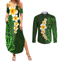 Green Polynesia Couples Matching Summer Maxi Dress and Long Sleeve Button Shirt Plumeria Tropical Leaves With Galaxy Polynesian Art - Wonder Print Shop