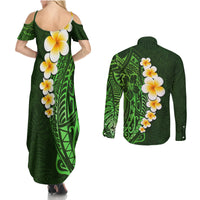 Green Polynesia Couples Matching Summer Maxi Dress and Long Sleeve Button Shirt Plumeria Tropical Leaves With Galaxy Polynesian Art - Wonder Print Shop