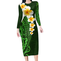 Green Polynesia Family Matching Long Sleeve Bodycon Dress and Hawaiian Shirt Plumeria Tropical Leaves With Galaxy Polynesian Art - Wonder Print Shop