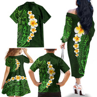 Green Polynesia Family Matching Off Shoulder Long Sleeve Dress and Hawaiian Shirt Plumeria Tropical Leaves With Galaxy Polynesian Art - Wonder Print Shop
