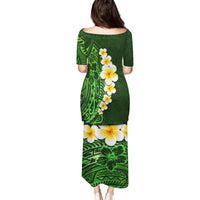 Green Polynesia Family Matching Puletasi Dress and Hawaiian Shirt Plumeria Tropical Leaves With Galaxy Polynesian Art - Wonder Print Shop