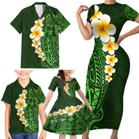 Green Polynesia Family Matching Short Sleeve Bodycon Dress and Hawaiian Shirt Plumeria Tropical Leaves With Galaxy Polynesian Art - Wonder Print Shop