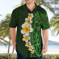 Green Hawaiian shirt for men with plumeria flower graphic and Polynesian leaf print