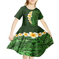 Green Polynesia Kid Short Sleeve Dress Plumeria Tropical Leaves With Galaxy Polynesian Art - Wonder Print Shop