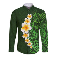 Green Polynesia Long Sleeve Button Shirt Plumeria Tropical Leaves With Galaxy Polynesian Art - Wonder Print Shop