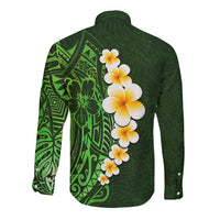Green Polynesia Long Sleeve Button Shirt Plumeria Tropical Leaves With Galaxy Polynesian Art - Wonder Print Shop
