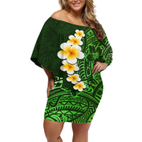Green Polynesia Off Shoulder Short Dress Plumeria Tropical Leaves With Galaxy Polynesian Art - Wonder Print Shop