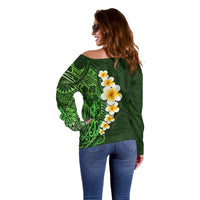 Green Polynesia Off Shoulder Sweater Plumeria Tropical Leaves With Galaxy Polynesian Art - Wonder Print Shop