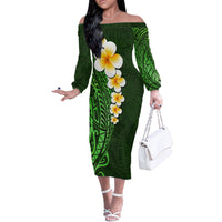 Green Polynesia Off The Shoulder Long Sleeve Dress Plumeria Tropical Leaves With Galaxy Polynesian Art - Wonder Print Shop