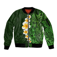 Green Polynesia Sleeve Zip Bomber Jacket Plumeria Tropical Leaves With Galaxy Polynesian Art - Wonder Print Shop