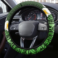 Green Polynesia Steering Wheel Cover Plumeria Tropical Leaves With Galaxy Polynesian Art - Wonder Print Shop
