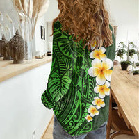 Green Polynesia Women Casual Shirt Plumeria Tropical Leaves With Galaxy Polynesian Art - Wonder Print Shop