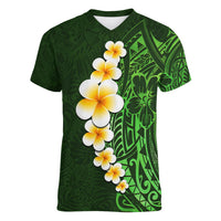 Green Polynesia Women V Neck T Shirt Plumeria Tropical Leaves With Galaxy Polynesian Art - Wonder Print Shop
