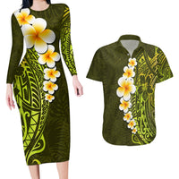 Lime Green Tropical Plumeria With Galaxy Polynesian Art Couples Matching Long Sleeve Bodycon Dress and Hawaiian Shirt - Wonder Print Shop