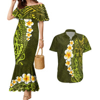 Lime Green Tropical Plumeria With Galaxy Polynesian Art Couples Matching Mermaid Dress and Hawaiian Shirt - Wonder Print Shop
