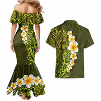 Lime Green Tropical Plumeria With Galaxy Polynesian Art Couples Matching Mermaid Dress and Hawaiian Shirt - Wonder Print Shop