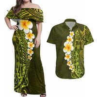 Lime Green Tropical Plumeria With Galaxy Polynesian Art Couples Matching Off Shoulder Maxi Dress and Hawaiian Shirt - Wonder Print Shop