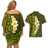 Lime Green Tropical Plumeria With Galaxy Polynesian Art Couples Matching Off Shoulder Short Dress and Hawaiian Shirt - Wonder Print Shop