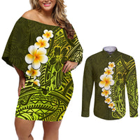 Lime Green Tropical Plumeria With Galaxy Polynesian Art Couples Matching Off Shoulder Short Dress and Long Sleeve Button Shirt - Wonder Print Shop